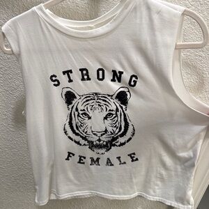 White Graphic Muscle Tank Top with Tiger 'STRONG FEMALE' Print